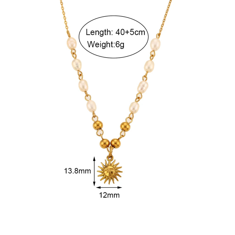 Freshwater Pearl Beads Chain Stainless Steel Necklace Optimistic Sun Pendant Nec