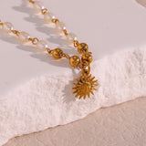 Freshwater Pearl Beads Chain Stainless Steel Necklace Optimistic Sun Pendant Nec