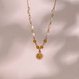 Freshwater Pearl Beads Chain Stainless Steel Necklace Optimistic Sun Pendant Nec