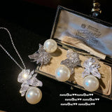 Freshwater Pearl Jewelry Set 925 Silver Zircon Flower Wedding Set