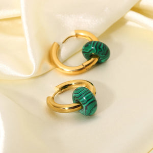 Freshwater Pearl Malachite Stone Huggie Earrings 18K Plated Hoop Earring