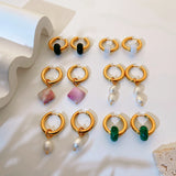 Freshwater Pearl Malachite Stone Huggie Earrings 18K Plated Hoop Earring