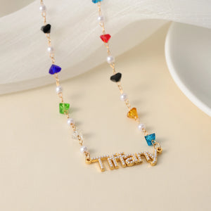 Freshwater Pearl Name Pendant With Birthstone & Cuban Chain Necklace