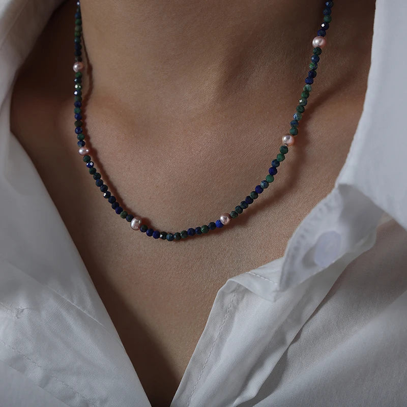 Freshwater Pearl Necklace Green Stone Beaded Chain Gothic Jewelry