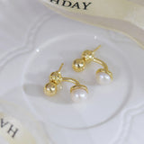 Sweet Stud Earrings Freshwater Pearl Metal Style