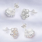 Freshwater Pearl Stud Earrings 925 Silver Flower Shape Button Pearl Earrings