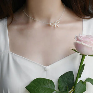 Freshwater Pearl Woven Bowknot Necklace 925 Silver Thin Necklace