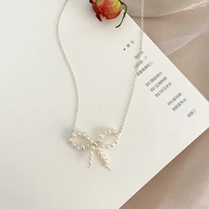 Freshwater Pearl Woven Bowknot Necklace 925 Silver Thin Necklace