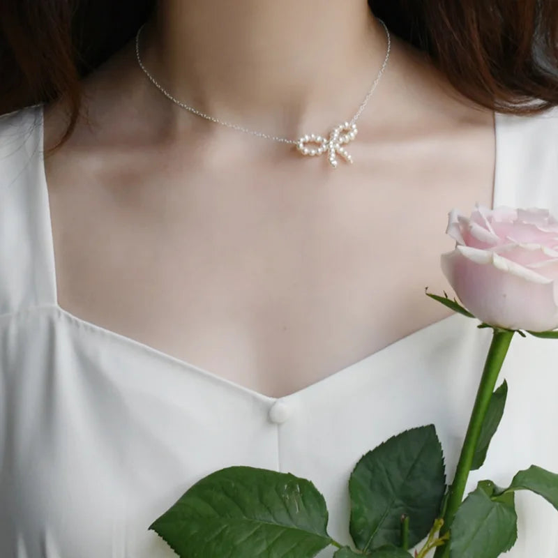 Freshwater Pearl Woven Bowknot Necklace 925 Silver Thin Necklace