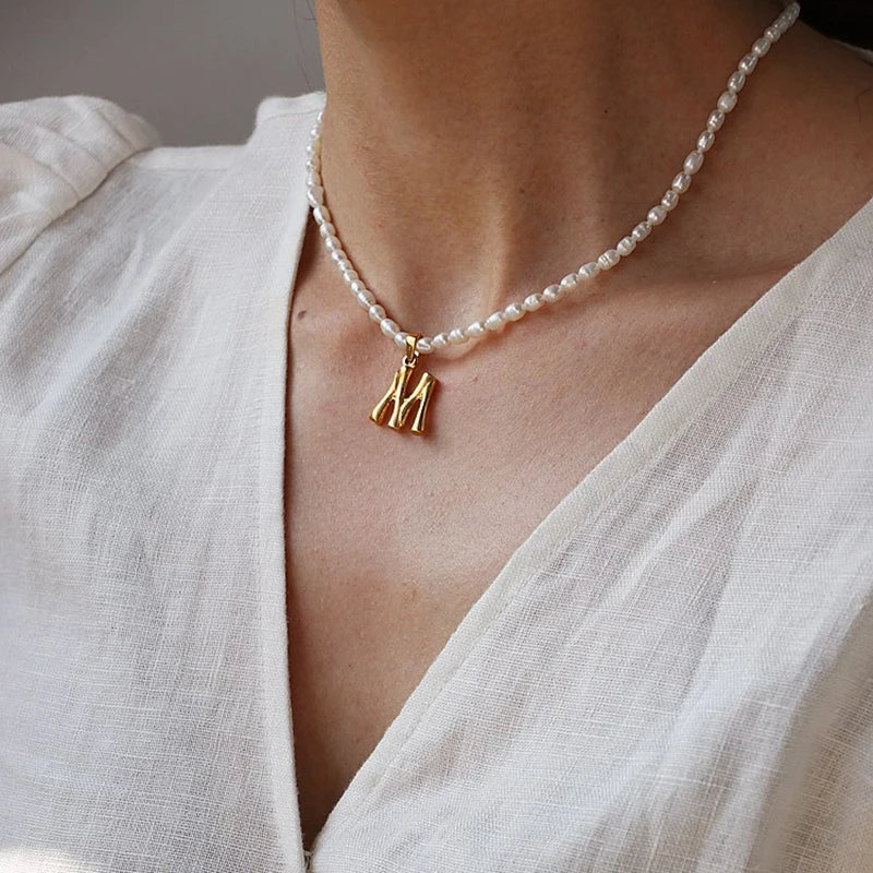 Freshwater Pearls Alphabet Initial Necklace Stainless Steel Boho Jewelry