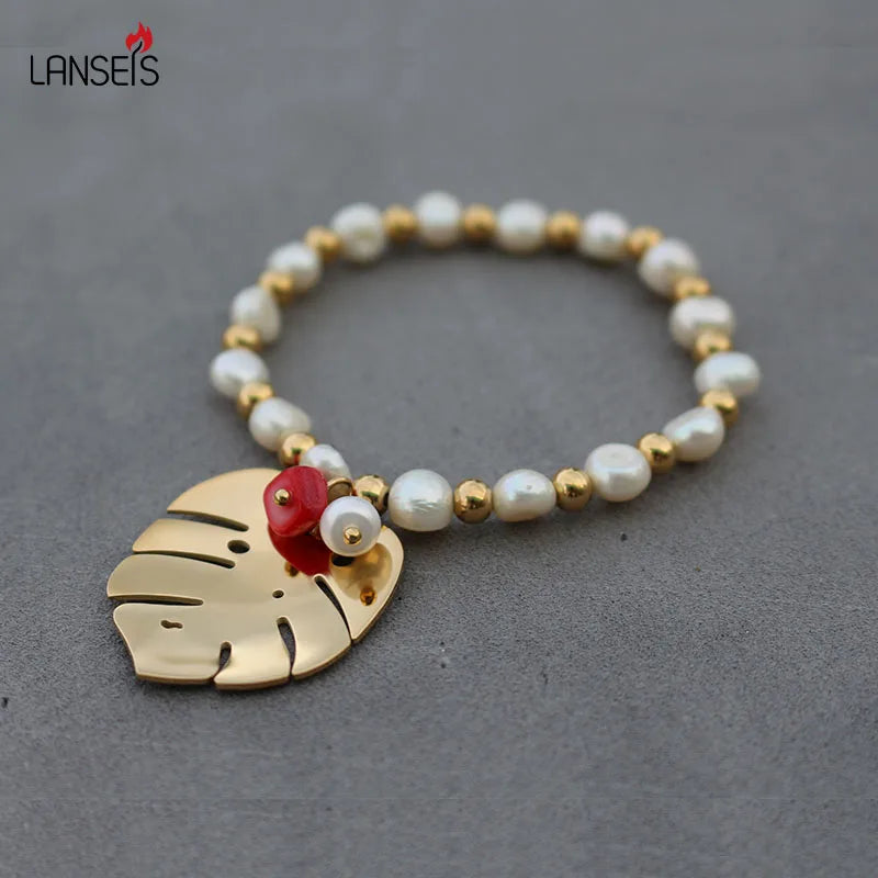 Freshwater Pearls Bracelet, Leaf Bracelet, Tropical Style Beads Gift