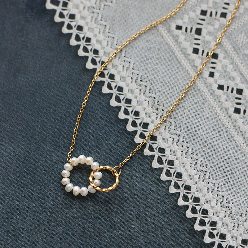 Freshwater Pearls Double Ring Pearl Pendant Necklace for Women