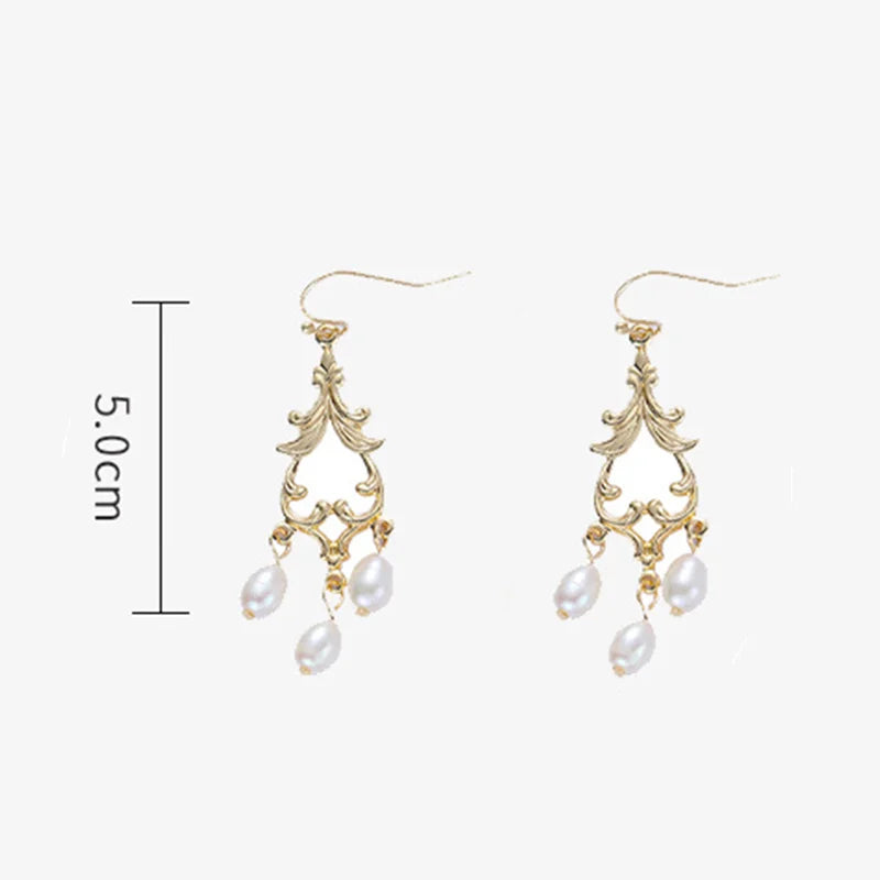 Golden Baroque Freshwater Pearl Earrings Vintage Flowers Hollow
