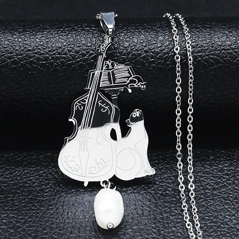 Cello Cat Necklace Freshwater Pearls Stainless Steel