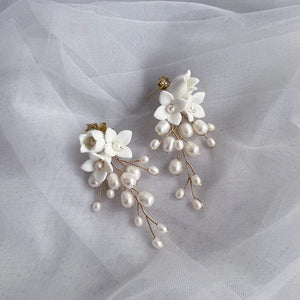 Freshwater Pearls Wedding Bridal Earrings Porcelain Flower Women Drop Earring