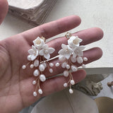 Freshwater Pearls Wedding Bridal Earrings Porcelain Flower Women Drop Earring