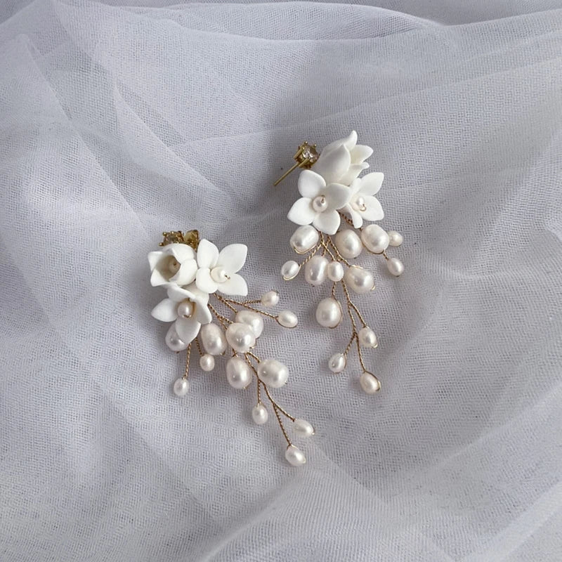 Freshwater Pearls Wedding Bridal Earrings Porcelain Flower Women Drop Earring