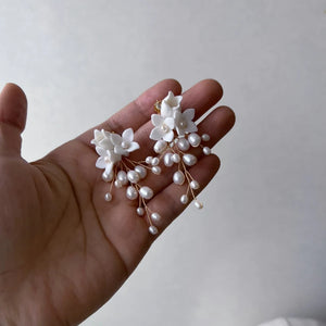 Freshwater Pearls Wedding Bridal Earrings Porcelain Flower Women Drop Earring