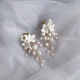 Freshwater Pearls Wedding Bridal Earrings Porcelain Flower Women Drop Earring