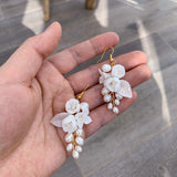 Freshwater Pearls Wedding Bridal Earrings Porcelain Flower Women Drop Earring