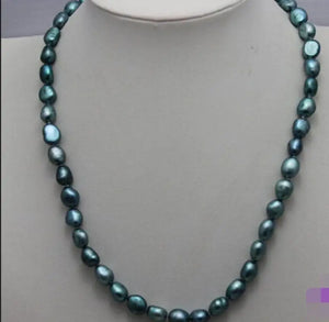 Blue-Green Freshwater Pearl Necklace 8x10mm 17INCH