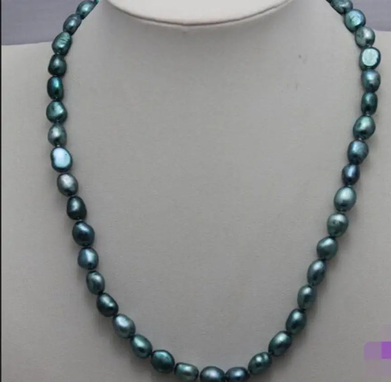 Blue-Green Freshwater Pearl Necklace 8x10mm 17INCH