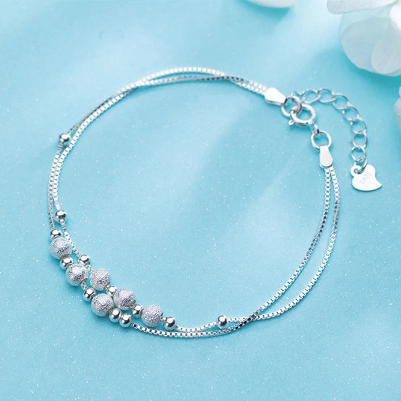 925 Sterling Silver Frosted Chain Bracelet for Women, Adjustable Bangle
