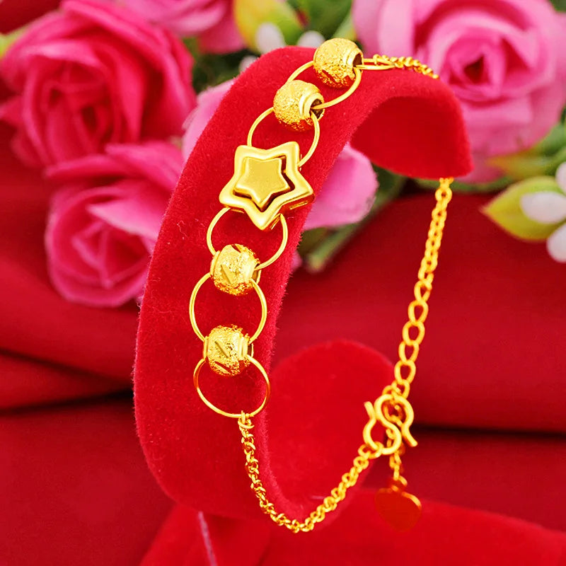 24K Gold-Plated Star Beads Bracelet, Round Bead Chain