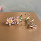 Fashion Pink Flower Ear Clips with Piercing for Women