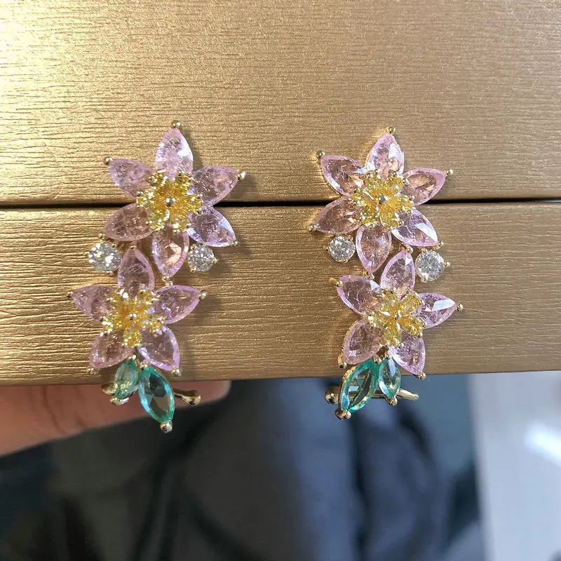 Fashion Pink Flower Ear Clips with Piercing for Women