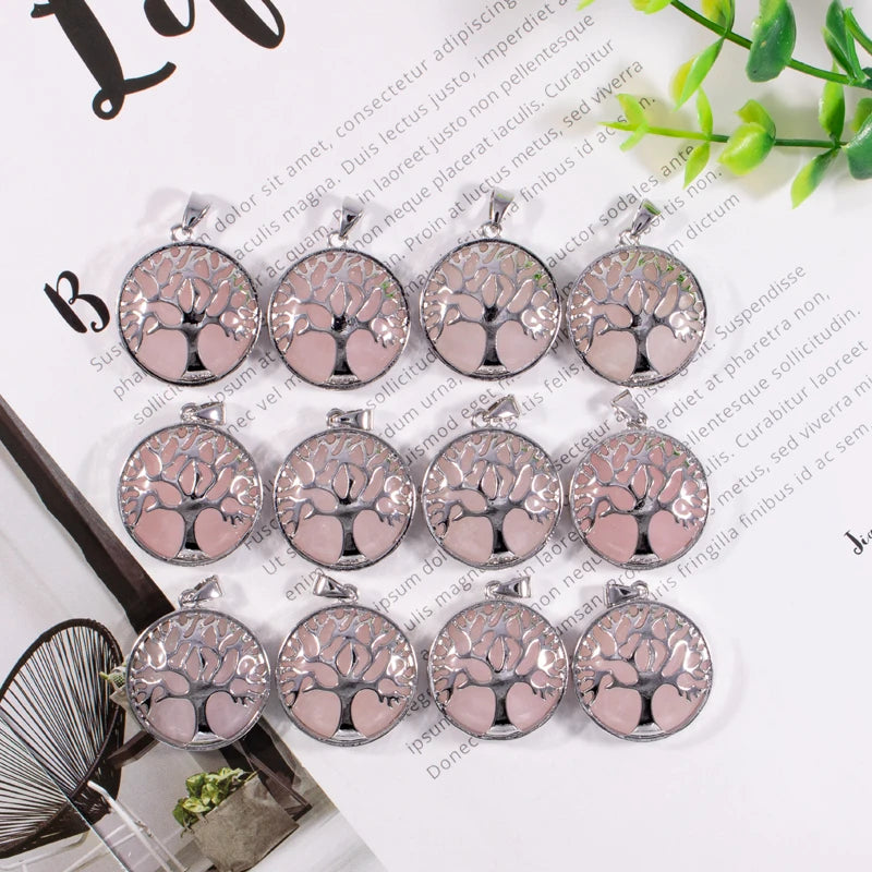 Pink Crystal Quartz Tree Of Life Necklace Pendant for Jewelry Making