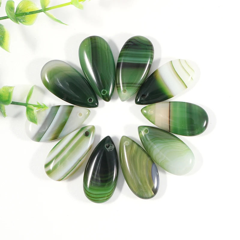 Green Stripe Natural Stone Water Drop Pendant Necklace Charms