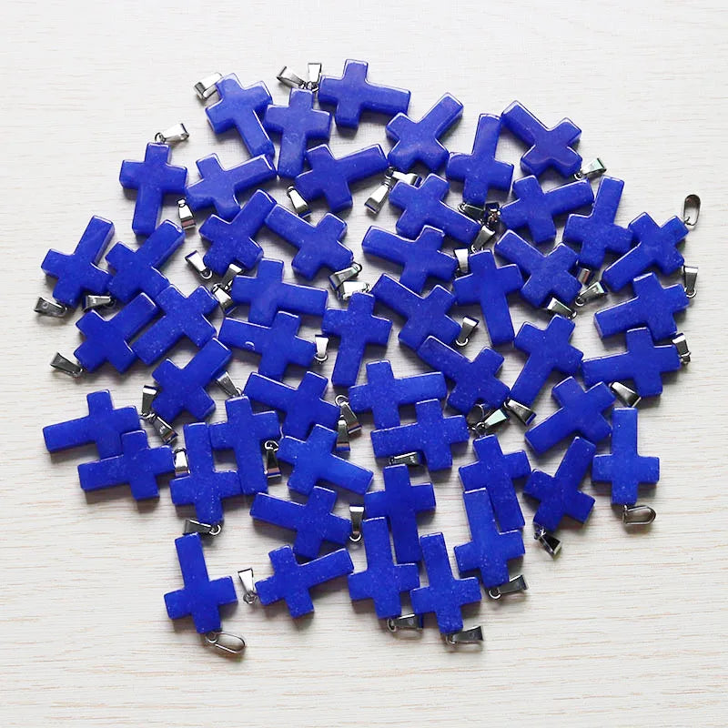 Stone Cross Pendant Necklace with Lapis Lazuli - 30pcs/lot