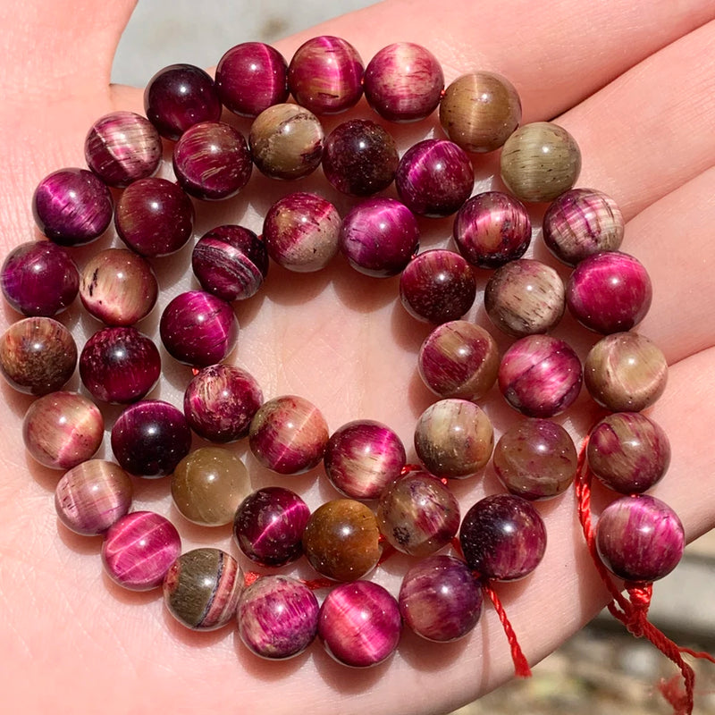 Fuchsia Bicolor Tiger Eye Stone Round Spacer Beads 15''