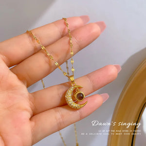 Crystal Moon Pendant Titanium Steel Necklace for Gift