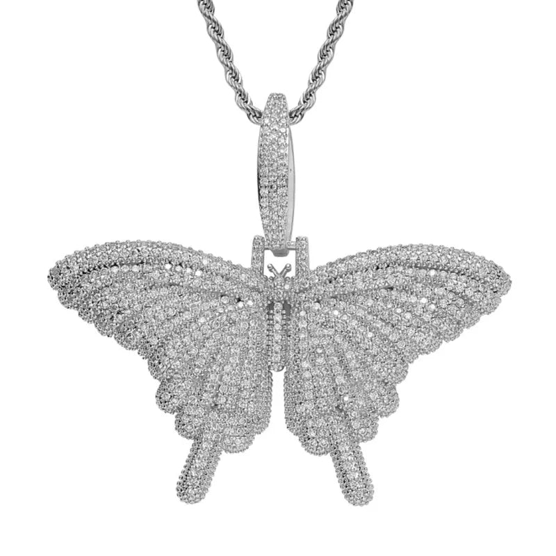 Cubic Zircon Butterfly Pendant Necklace Hip Hop Jewelry