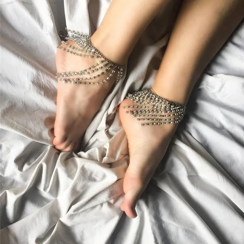 Rhinestone Tassel Anklet Foot Chain Crystal Jewelry for Women