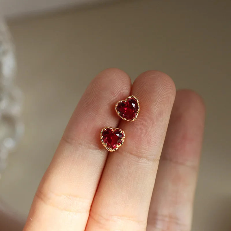 S925 Sterling Silver Peach Heart Earrings Red Small Earrings Female