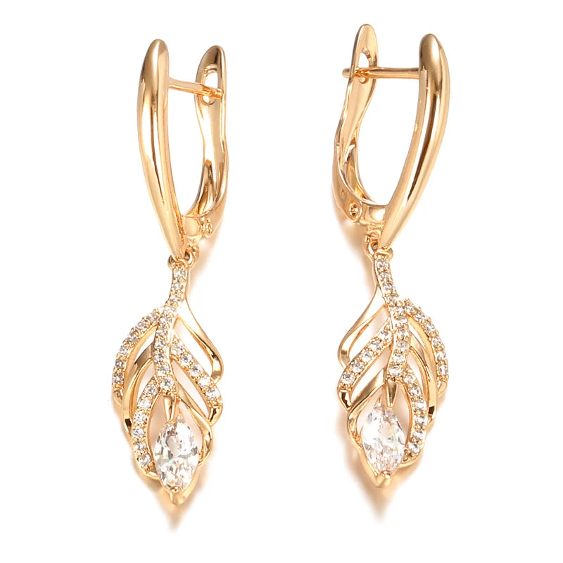 Zircon Hollow Leaf Dangle Earrings 585 Rose Vintage Jewelry