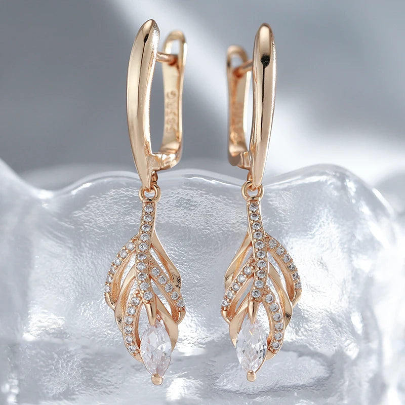 Zircon Hollow Leaf Dangle Earrings 585 Rose Vintage Jewelry