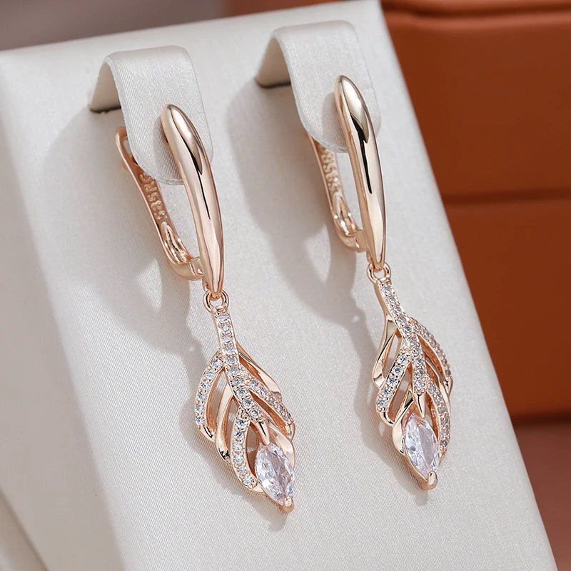 Zircon Hollow Leaf Dangle Earrings 585 Rose Vintage Jewelry
