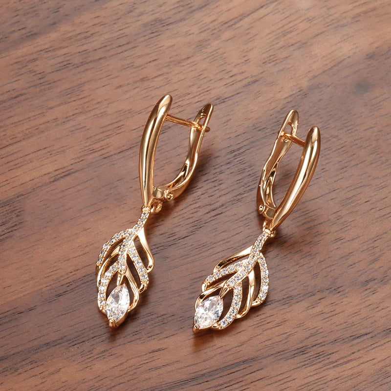 Zircon Hollow Leaf Dangle Earrings 585 Rose Vintage Jewelry
