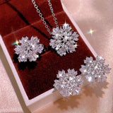 Zircon S925 Silver Jewelry Set for Women Snowflake Necklace Ring Earrings