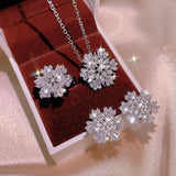Zircon S925 Silver Jewelry Set for Women Snowflake Necklace Ring Earrings