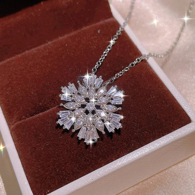 Zircon S925 Silver Jewelry Set for Women Snowflake Necklace Ring Earrings