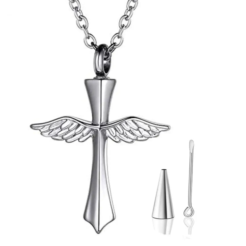 Angel Wings Cross Memorial Necklace Stainless Steel Urn Pendant