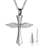 Angel Wings Cross Memorial Necklace Stainless Steel Urn Pendant