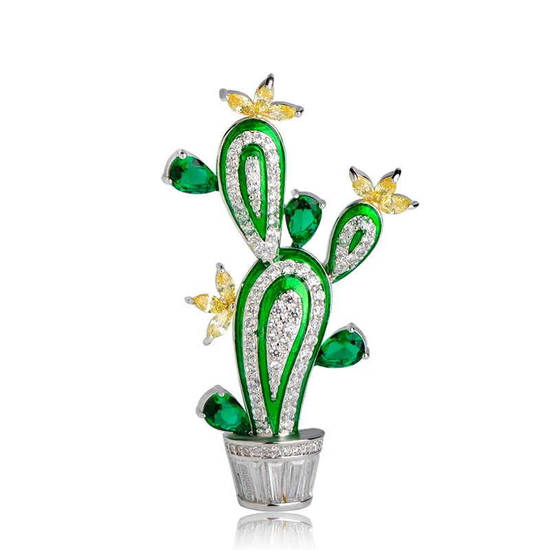 Cactus Plant Flower Brooch Cubic Zircon Wedding Jewelry Hijab Pins