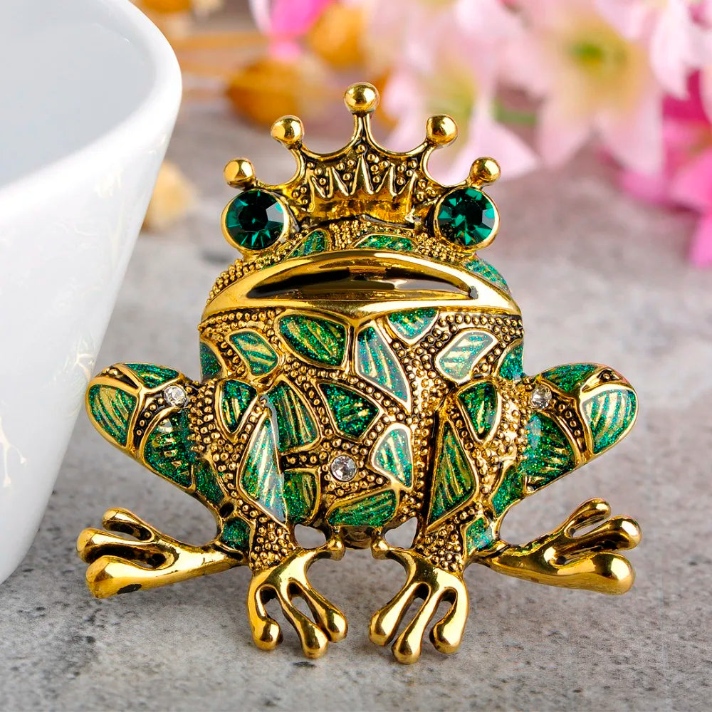 Enamel Lizard Green Crown Frog Brooches For Women Gold-Color Scarf Clip Pin