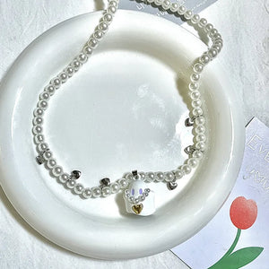 Cartoon Ghost Pendant Necklace Sweet Heart Charms Beaded Choker Y2k Jewelry